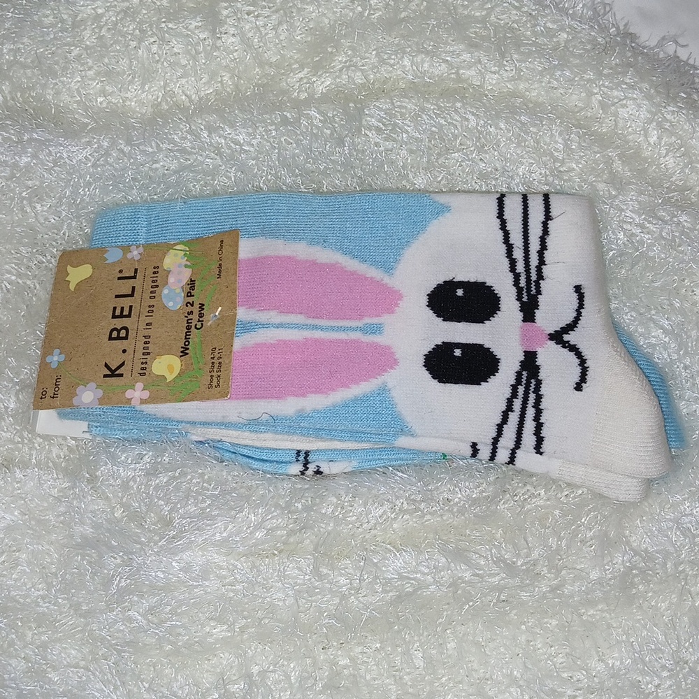 K Bell Women Bunny Rabbit Csrrot Sky blue multicolor Crew Socks 2 pack  NWT
